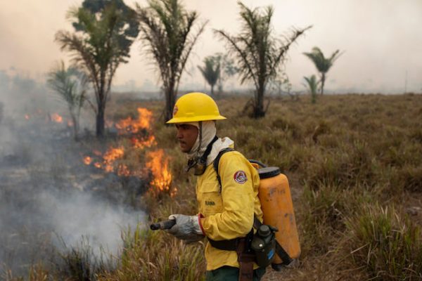 Even with a decree banning fires in all Brazilian territory for 120 days on August 21, 2020, members of the fire brigade of the Brazilian Environment Institute (Ibama) fight fires in a farm near the city of Novo Progresso, in the south of the state of Pará. (Photo by Ernesto Carriço/NurPhoto via Getty Images)